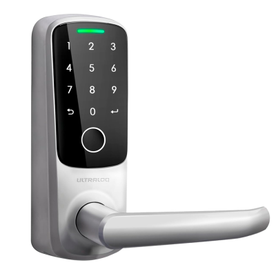 Fechadura digital eletrónica prateada com teclado numérico e pega horizontal