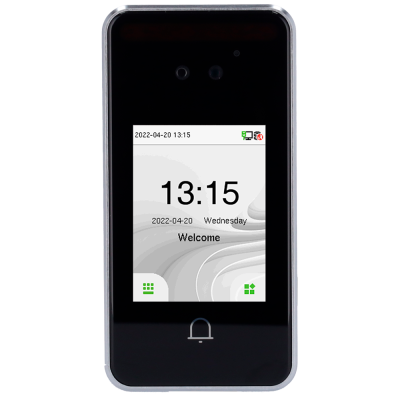 Dispositivo eletrónico preto com ecrã digital mostrando data, hora, e texto de boas-vindas