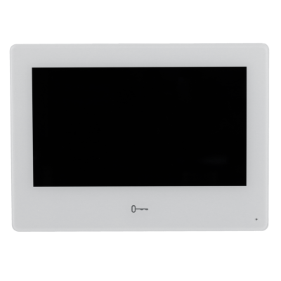 Ecrã branco retangular com display preto e ícone de chave cinzento