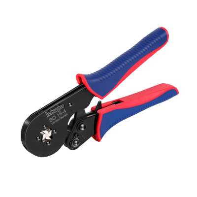 Alicate crimpatador azul e vermelho com gravação em preto