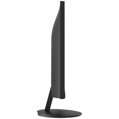 Monitor preto de ecrã plano visto de lado com suporte circular.