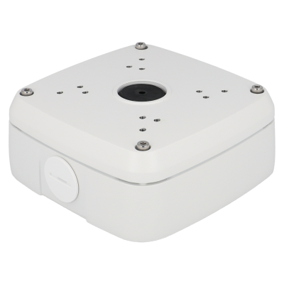 Base branca quadrada para câmara de segurança com parafusos visíveis e círculo central preto