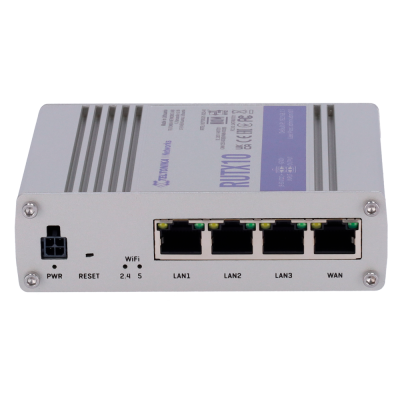 Dispositivo de rede cinzento com quatro portas Ethernet e etiquetas LAN1-LAN3, WAN, botão RESET e entrada PWR