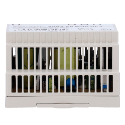 Produto elétrico branco com aberturas verticais mostrando componentes internos com texto 100W