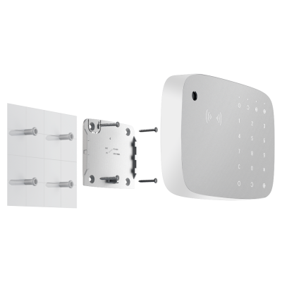 Dispositivo eletrónico cinza com ecrã sensível ao toque, suporte e parafusos em fundo branco