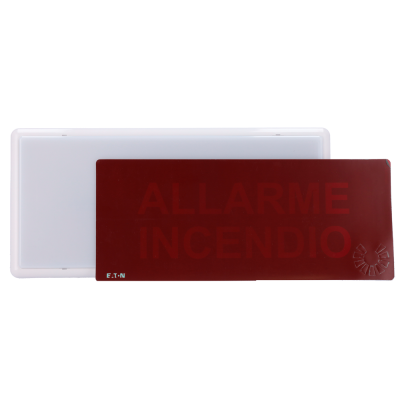 Placa retangular de alarme de incêndio com visor vermelho e texto em relevo