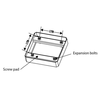 Desenho técnico de uma base quadrada com parafusos e medidas 178 mm.