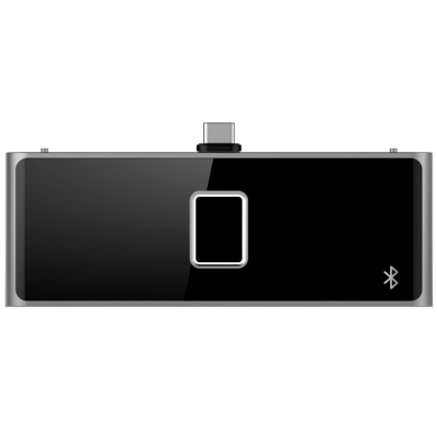 Dispositivo portátil preto com conector USB-C e símbolo Bluetooth