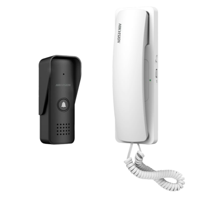 Videoporteiro Hikvision preto e branco com campainha e auscultador