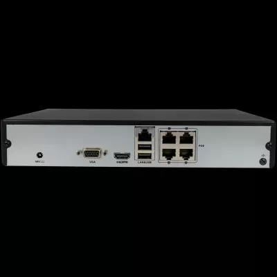 Dispositivo eletrônico metálico com várias portas de conexão, incluindo VGA, HDMI, LAN&USB e POE.