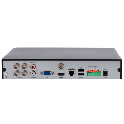 Dispositivo eletrónico preto com várias portas de ligação traseiras