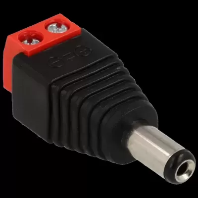 Conector adaptador DC preto com terminal de parafuso vermelho e indicações de polaridade.