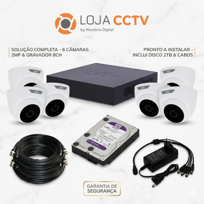 Kit de videovigilância com câmaras, gravador, disco rígido e acessórios