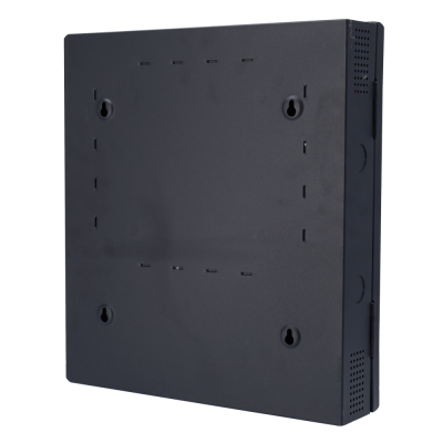 Caixa retangular preta em metal com orifícios para fixação e ventilação.