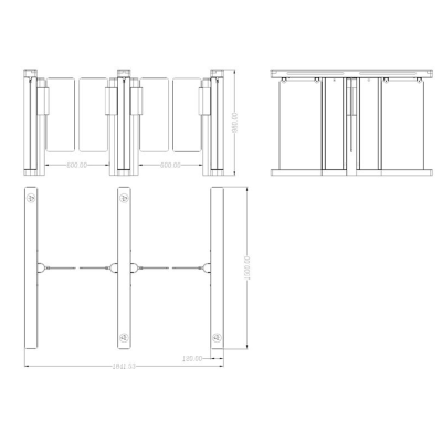 Desenho técnico de portas giratórias com medidas indicadas.