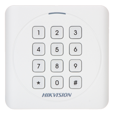 Teclado numérico branco da marca HIKVISION com botões quadrados.