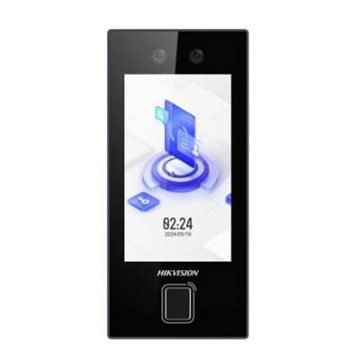 Dispositivo preto retangular com ecrã digital e sensor biométrico.