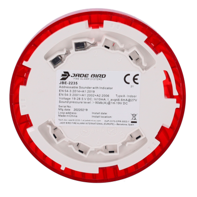 Dispositivo de alarme de incêndio redondo com aro vermelho e corpo branco com etiqueta técnica