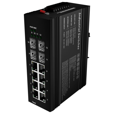 Interruptor industrial preto com 12 portas Ethernet e indicadores LED verdes