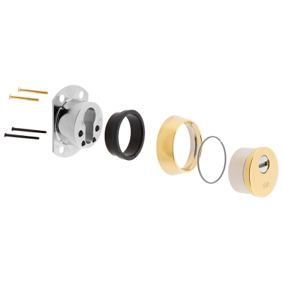 Componentes metálicos de fechadura, incluindo parafusos e partes cilíndricas em metal cromado, preto e dourado
