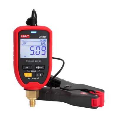 Manómetro digital de pressão UNI-T UT336P preto e vermelho com ecrã LCD e clip preto e vermelho