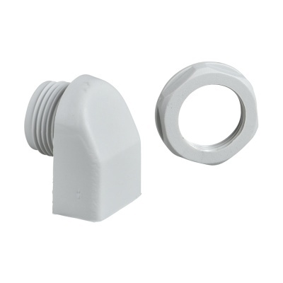 Peças plásticas brancas com rosca, uma angular e outra circular