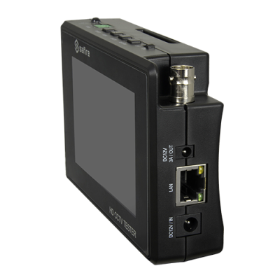Aparelho HD CCTV TESTER preto da Satirê com ecrã e conexões várias