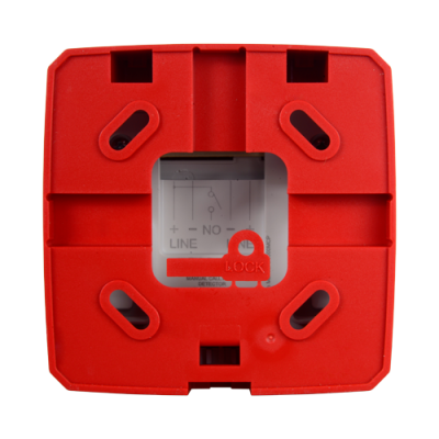 Base vermelha quadrada de plástico com texto visível MANUAL CALL DETECTOR, LINE e LOCK