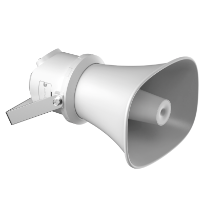 altifalante em forma de corneta branco com suporte metálico cinzento