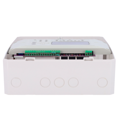 Dispositivo eletrónico branco com tampa cinza e botões, série de conectores verdes