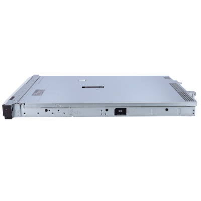 Servidor metálico prateado formato rack 1U com rótulo preto