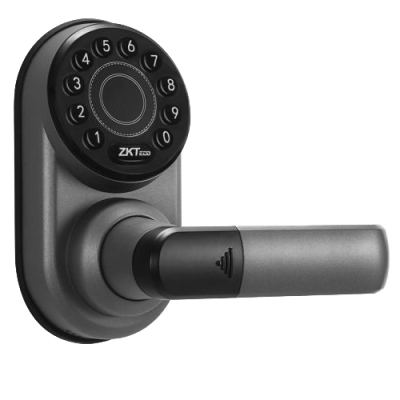 Fechadura eletrónica com teclado circular e alavanca prateada em fundo branco