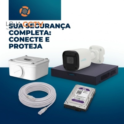 Conjunto de sistema de segurança com câmara uniarch, cabo de rede, disco rígido e caixa de ligação em fundo azul e branco