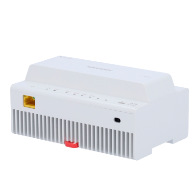 Dispositivo eletrónico branco com porta amarela e indicadores LED.