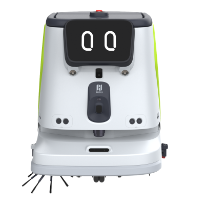 Aspirador robótico industrial branco e verde PUDU com escovas
