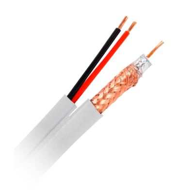 Cabo elétrico com fios preto, vermelho e cabo coaxial copper e branco