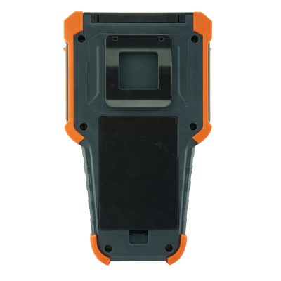 Dispositivo portátil cinzento e preto com cantos laranja e suporte metálico na parte de trás