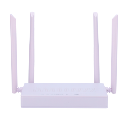 Roteador Wi-Fi branco com quatro antenas e LEDs indicadores frontais