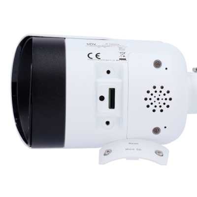 Câmara IP branca e preta com entrada para cartão Micro SD e botão Reset