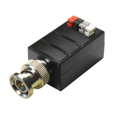 Dispositivo eletrónico preto com conector BNC metálico e quatro terminais coloridos