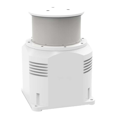 Dispositivo industrial branco com base quadrada e detalhes em cinza claro