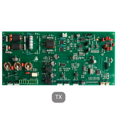 Placa de circuito eletrónico verde com componentes e texto impresso EASLOCK, POWER, SYNC