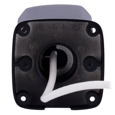 Base quadrada plástica preta com cabo branco saindo do centro e quatro furos nas extremidades.