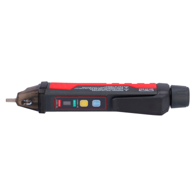 Detector de tensão elétrico preto e vermelho com botões coloridos e ponta metálica