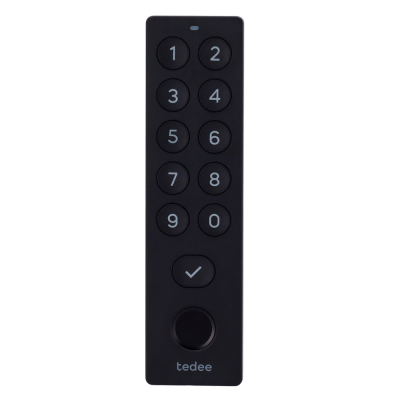 Comando remoto preto com botões numerados e marca tedee