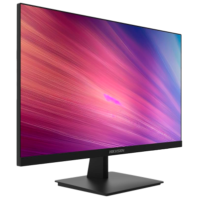 Monitor Hikvision preto com ecrã plano e imagem colorida abstrata