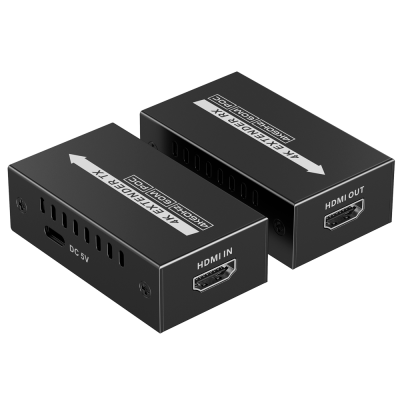 Extensores HDMI pretos com etiquetas e portas visíveis