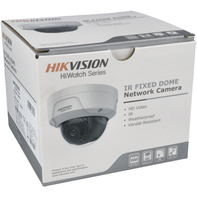 Caixa branca com imagem de câmara de segurança Hikvision IR Fixed Dome