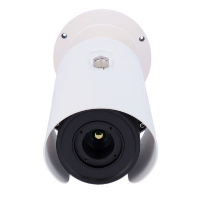 Câmara de vigilância branca com lente preta e suporte bege