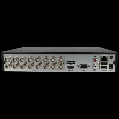 Vista traseira de equipamento eletrónico com várias entradas e portas, incluindo vídeo, áudio, USB, HDMI e LAN.